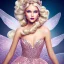 Placeholder: fantasy fairy with transparent wings, smiling, make up, long platinum blond hair with crown and flowers, pink dress