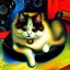 Placeholder: oil portrait of tricolor pattern Cat sleeping in a black sofa by VINCENT VAN GOGH 8k