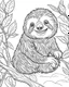 Placeholder: create a 2d black outline, "safari smiling cartoon sloth on a branch coloring book for kids", coloring page, low details design, black contour, coloring page design, simple background, colorful , card style, coloring page for kids, white background, sketch style, safari landscape, cartoon style