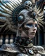 Placeholder: Solarpunk ivory carved filigree woman portrait adorned with decadent goth headdress and half face masque solar punk armour dress ribbed with quartz agate azurit and obsidian metallic filigree dress and armour and embossed solar punk headdress organic bio spinal ribbed detail of rainy gothic cityscape bokeh background