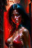 Placeholder: In this mesmerizing digital art piece crafted by the talented Aleksi Briclot we are captivated by the exquisite presence of a stunning woman adorned in a vibrant red bikini confidently positioned in a dimly lit alleyway her lustrous black hair cascading over her shoulders adds a touch of mystique to the composition while the intricate details of the artwork enchant us with every brushstroke inviting us to explore this captivating scene that was initially created as promotional artwork for the BB