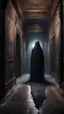 Placeholder: Hyper Realistic transparent black ghost between a huge dark hallway of a historical Indian palace with peeling wall paints at night