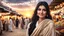 Placeholder: Hyper Realistic Beautiful Happy Pashto Woman with Beautiful-Kajal-Eyes & Long-Black Hair wearing Beige-Dress-&-White-Shawl in a market with garland-lights-&-some-shops with traditional environment at cloudy sunset showing dramatic & cinematic ambiance.