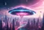 Placeholder: magnificent and luminous ufo, flying above a futuristic and cosmic city with pink and blue colored cristal building very sweet and pacefull