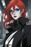 Placeholder: Thin, androgynous character with short, bright red hair. vivid sapphire blue eyes, goth makeup, dark gender neutral goth clothes, urban background, RWBY animation style