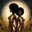 Placeholder: Biologically Female African American Twins, black skin, tall and slender, long afro kinky hair,big brown eyes, long eyelashes warrior wear. Big butts. Gold accents on clothing. Surround by trees. Holding golden spears. Starry night