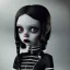 Placeholder: Jenna ortega with wednesday addams black dress,soft goth libstick, wednesday addams make up, overknee socks, dramatic lighting, highly detailed oil painting, volumetric lighting