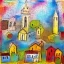 Placeholder: an abstract painting of a small town with church, mixed media, textured, highly detailed