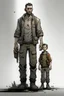 Placeholder: man, father, full body, looking serious, comic book, post-apocalypse, grey background