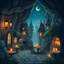 Placeholder: Cartoon whimsical fantasy nighttime underground city cafe lit by candles