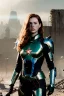 Placeholder: ultrarealistic, ruined city,__skimpy sci-fi armor__, __angles__, 18 year old woman, strikingly beautiful,ginger hair, _colour_, [__starlets__|__starlets__], (pale __skincolor__ skin:1.2), __camera__, _hair_, detailed face and eyes, medium breasts, leather choker, freckles, dynamic pose, resolved expression, __accessory__, strappy outfit, (straps:1.1), sword in scabard on left hip, (buckles, buttons, snaps, rings:1.0), haltertop style breastplate, detailed eyes, plump lips, sci-fi theme