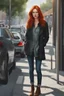 Placeholder: Young red-haired woman standing in the street, daytime, photorealistic