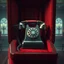 Placeholder: vintage telephone receiver that has X's for eyes sitting in a red velvet coffin, concept art, digital illustration, hyperrealistic, background in a open casket wake at a funeral home