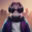 Placeholder: stylized Rabbit toddler, smiling, cyberpunk headphone, sunglass, gangsta gold neckless, full body, magenta puffer jacket, manila city backdrop, dramatic lighting, hyper realistic, unreal engine 5, 16k