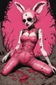 Placeholder: Tank girl, lying pose, rabbit mask, pink short hair, latex suit, highly detailed, fullbody, splashes blood, behind guts rising from the ground, papercut illustration by <John Kenn Mortensen>, darkred tones,