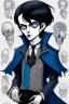 Placeholder: black haired blue eyed young man necromancer wizard with gothic jewelry in the style of charles addams