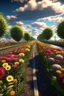 Placeholder: A road full of beautiful flowers and around the road on both sides of it are thick thorns Photorealistic