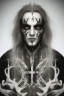 Placeholder: Symmetric portrait of a man with black metal facepaint, with long white hair, with a cross on his forehead, with bloody eyes