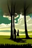 Placeholder: trees with leaves and shadows of a man and a woman in the Sun and clouds in large field of grass peaceful abstract artwork, calm