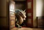 Placeholder: A real good dragon knocks on the door of a child's room, realism photographic,