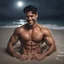 Placeholder: Hyper realistic very handsome shirtless muscular short black hair man smiling & lying down on a beach at rainy night