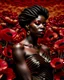 Placeholder: masterpiece, vibrant colors, an african female wearing gold jewelry and a black dress, surrounded by giant red and gold poppy flowers, hyper realism, 8k, ultra detailed, photorealistic, ultra realistic