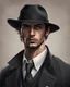 Placeholder: Man He wears Italian gangster clothes He is tall, , has a beautiful face, has brown eyes, and wears a black hat