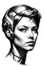 Placeholder: portrait of a 25 year old woman, sexy, fierce eyes, looking away. Robotic body and ear, short hair, human face. Sketch style.