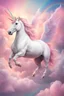 Placeholder: white unicorn with wings flying into the pink sky among clouds and rainbow