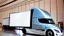 Placeholder: A Tesla semi-truck is parked, inside the 'National Air and Space Museum', in Washington, D.C. CINEMATIC. WIDE ANGLE LENS.
