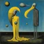 Placeholder: Neo Surrealism, horrifying and absurd, by Max Ernst and Magritte, existential residues of past failures surrealism, blue - yellow - black color scheme, assisted by Gabriel Pacheco