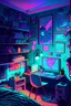 Placeholder: a drawing of the boy's room is adorned with neon and light up posters, in the style of anime aesthetic, webcam photography, studyblr, psychadelic surrealism, ultra detailed, trenchcore, use of screen tones