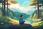 Placeholder: An image featuring a cartoon-style young woman sitting and thinking looking at the forest and breathing peacefully , much like the iconic 'Lofi Girl' scene. She is surrounded by a beautiful scenery and daylight that makes her bright and other elements that exude a sense of calm. Ensure that the image exudes a tranquil and relaxing ambiance, perfect for studying or moments of contemplation, unreal engine, greg rutkowski, loish, rhads, beeple, makoto shinkai