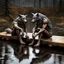 Placeholder: realistic 3d one dark gray and one brown fantasy anthropomorphic wolf-human hybrids creature in body hair lie exhausted and wet on their stomachs on two wooden boards next to a deep river, on the opposite bank in the distance, hour-long, thick-trunk trees are faintly visible, grass, mud, rain, high realistic, detailed, cinematic, sci-fi, digital art, dark fantasy mood