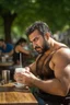 Placeholder: half figure photography of an ugly turkish barman servicing one coffee at the table, burly robust muscular chubby shirtless mainly chest very hairy 29 years old man, in a public park of Istambul , sunny day, sweat, wet, big shoulders, angry eyes, photorealistic