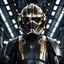 Placeholder: star wars bald male corellian pilot wearing pearlescent black and gunmetal grey First Order special forces heavy assault armor and helmet with gold trim inside the jedi temple, centered portrait, hyperdetailed, dynamic lighting, hyperdetailed background, 8k resolution, volumetric lighting, light skin, fully symmetric details