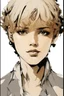 Placeholder: Portrait of a young female with short curly hair, and tan skin color, drawn in Yoji Shinkawa style, black and white with a gray background.