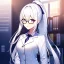 Placeholder: girl, masterpiece, best quality, volumetric lighting, detailed outfit, perfect eyes, white hair, purple eyes, long hair, ponytail, office, glasses,