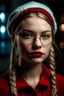 Placeholder: slavic girl 20 years old, glamour, proffesional photo, raw, slavic girl, glasses, santa's helper outfit, collar, dark, boxer braids blonde, xmass hat