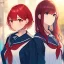 Placeholder: High quality, Detailed, 2girls, looking at eachother very angrily, both wearing a sailor uniform, one with red hair, the other with blue