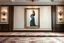 Placeholder: a very beautiful lady full body photo in pretty frame hanging a wall in a luxury galery stage with carpets in floor