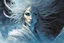 Placeholder: create a highly detailed high fantasy portrait illustration of a sensual sorceress clothed in hoarfrost, amidst a swirling blizzard on the eve of Samhain under the watch of a baleful moon in the graphic novel style of Bill Sienkiewicz, with highly detailed facial features and clothing, otherworldly and ethereal