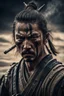Placeholder: Samurai looks at the enemy, stands after the battle, fear and horror on his face, tired and beaten, sand on his face mixed with sweat, an atmosphere of darkness and horror, hyper realistic photo, In post - production, enhance the details, sharpness, and contrast to achieve the hyper - realistic effect