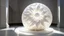 Placeholder: hyper realistic render of a Sun carved out of white marble, sculpture is displayed inside of a big art exhibit