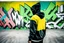 Placeholder: cyberpunk young man siluette in a black hood painted on concrete wall of underpass a young cyberpunk hacker paints a complicated colorful / uppercase all-white graffiti text in text: "WINTERMUTE"; street art, graffiti green-yellow-black triotone, wall painted matte black and yellow and deep red, semi-front view, low angle, daylight, cinematic, dramatic