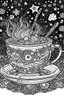 Placeholder: Outline art for coloring page, TEACUP SET IN STARRY SKY, coloring page, white background, Sketch style, only use outline, clean line art, white background, no shadows, no shading, no color, clear