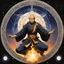 Placeholder: (in the style of Orion, by Masamune Shirow) a Shaolin monk casting a magic spell in the middle of a pentacle, magic is in the air, he cast fire by his hands