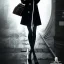 Placeholder: A beautiful slender well dressed young French woman with short hair and a black trench coat, waiting for a man at night at a train station in London