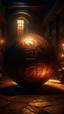 Placeholder: Create an image of old copper sphere with strange runes in side a temple with dim light from a torch on the wall in the background, Bosch painting style nightmare