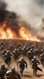 Placeholder: A front view of War of crusaders showing thousands of solders are running away from a distance toward the camera with scary faces and fear from a giant ghoul behind them, fires and dead’s and big fights on the ground